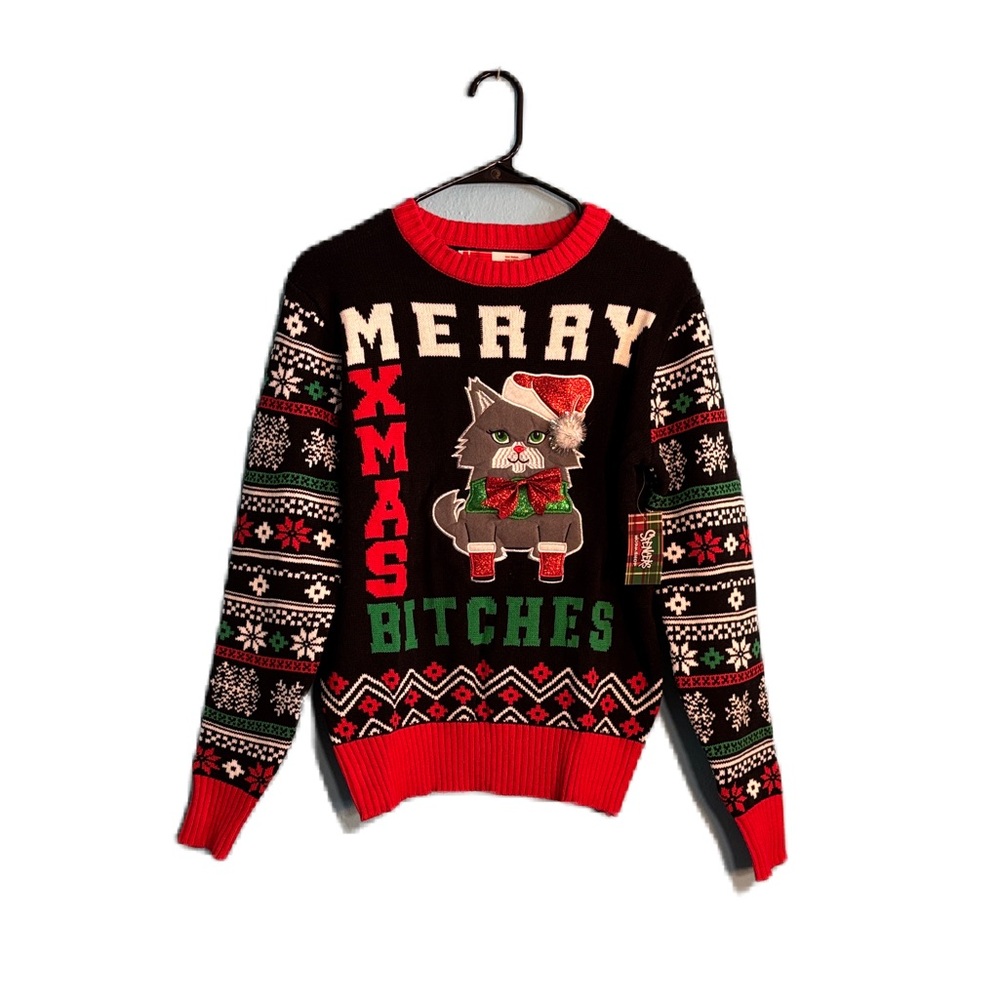 Spencer's Merry Christmas Ugly Christmas Sweater Red and Black Sweater Cat M